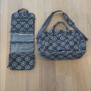 Vera Bradley Set of Large Quilted Floral Gray Travel Bag & Hanging Toiletry Bag